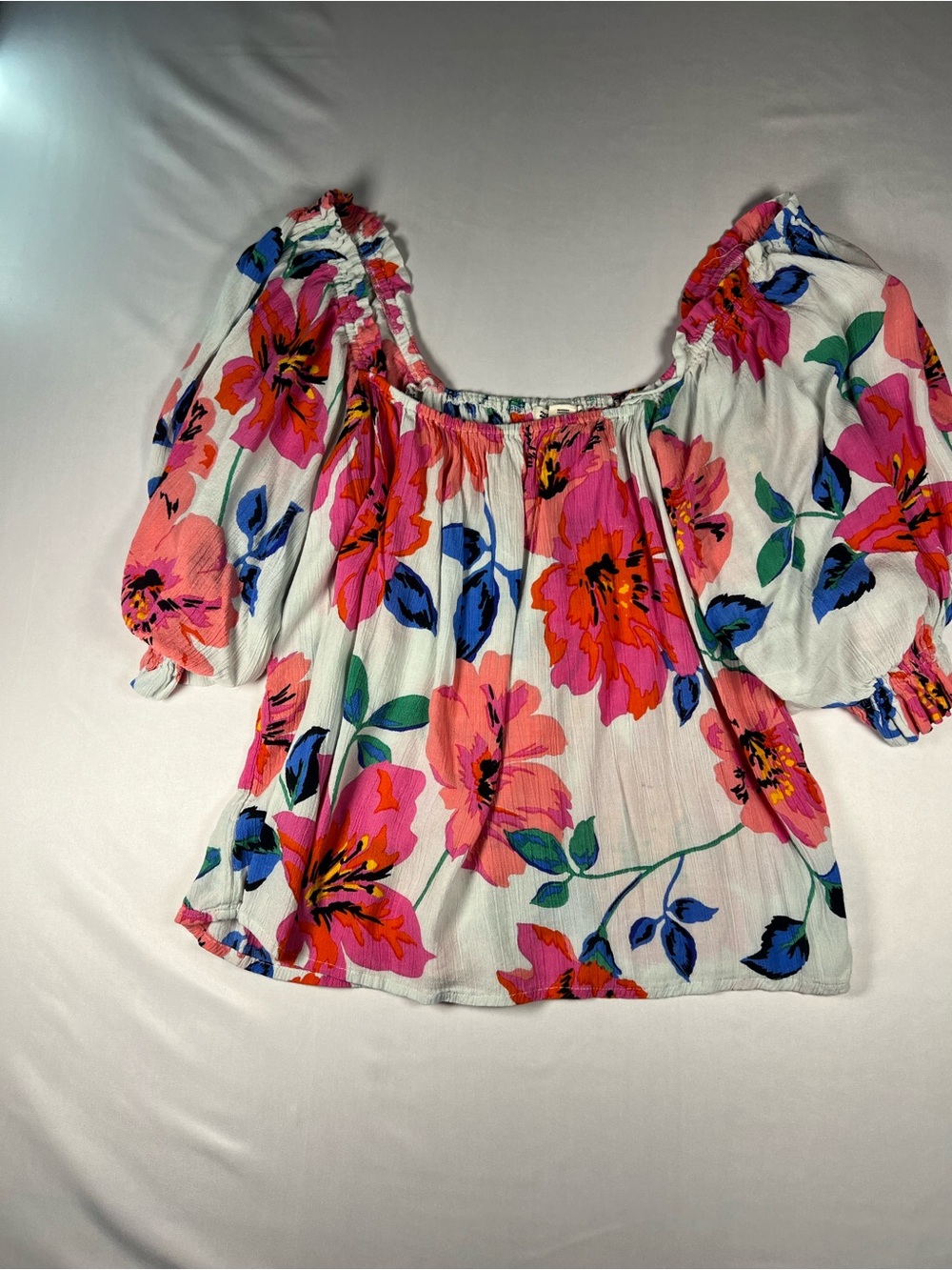 Billabong White Off-Shoulder Floral Peasant Top - Pink & Blue Flowers